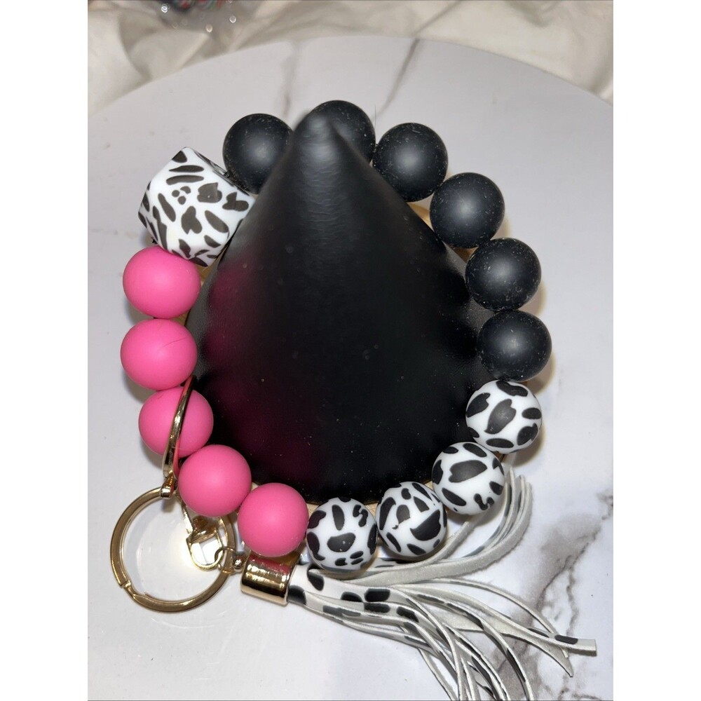 Silicone Beaded Wristlet Keychain Bracelet Tassel Key Ring Holder